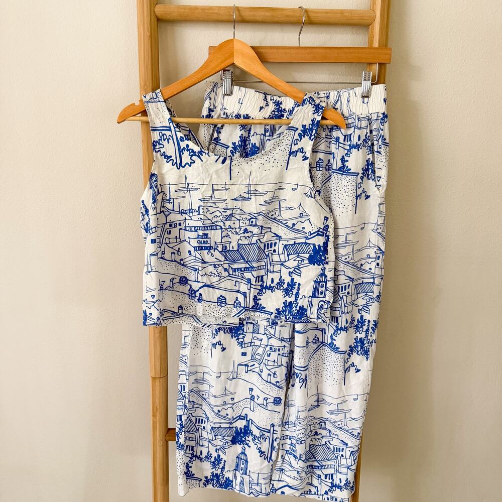 Calypso St. Barth Blue White Scenic Print Linen Blend 2 Piece Set Women’s S